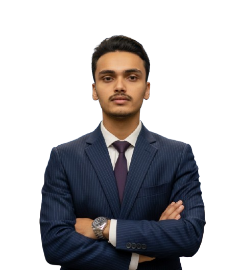 This image Illustrate a well suited man standing tall crossing his hand.